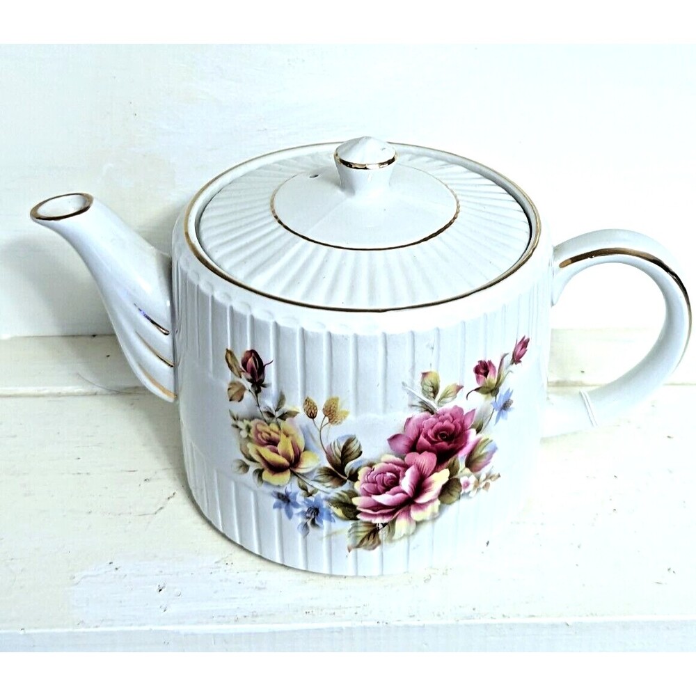 Vtg Ellgreave Wood & Sons Teapot Cottage Rose Ribbed Gold Trim Ironstone England